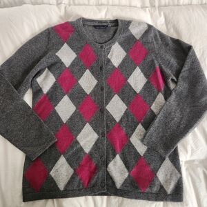 Your Sixth Sense 100% Cashmere Gray Cardigan Sz M Argyle/Diamond Pattern